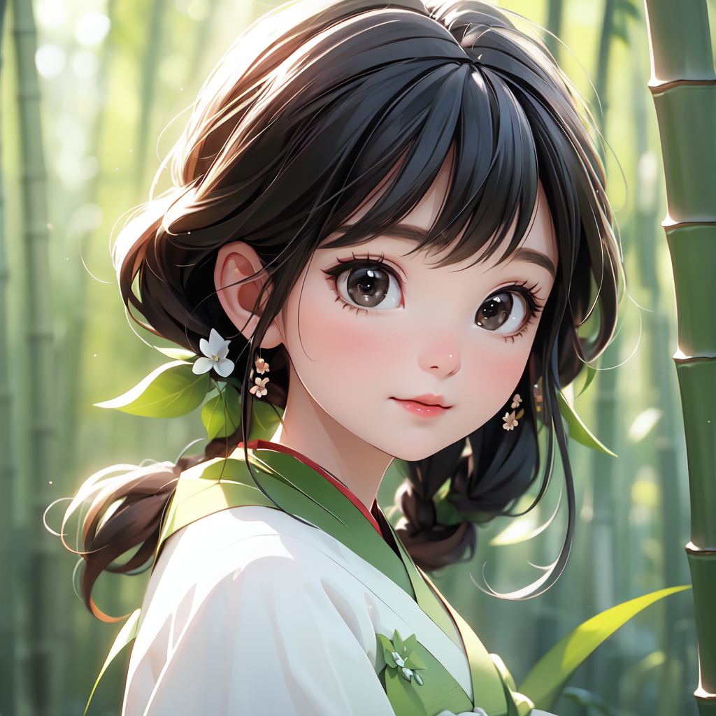 00644-1184777624-BFcutegirl,1girl,brown eyes,bust,black hair,hanfu,hair band,hair ornaments,white,green,bamboo forest,exquisite and beautiful fac.png